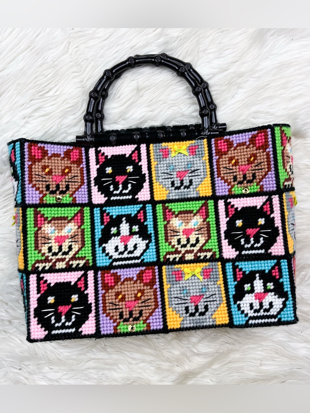 Cats Needlepoint Tote Bag Patchwork Colorblock Rainbow Novelty Kitsch